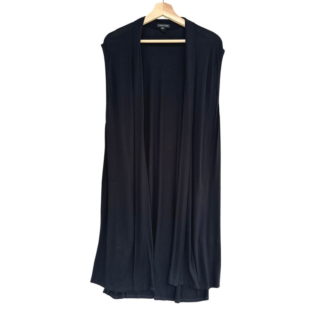 Eileen Fisher Sleeveless Cardigan Open Ling Line Black Size Large